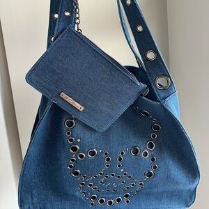 Betsey Johnson Blue Denim Shoulder Bag with Removable Pouch